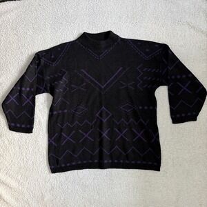 Vintage Headliners Sweater Black Purple Geometric Tribal Knit Mock Neck Acrylic